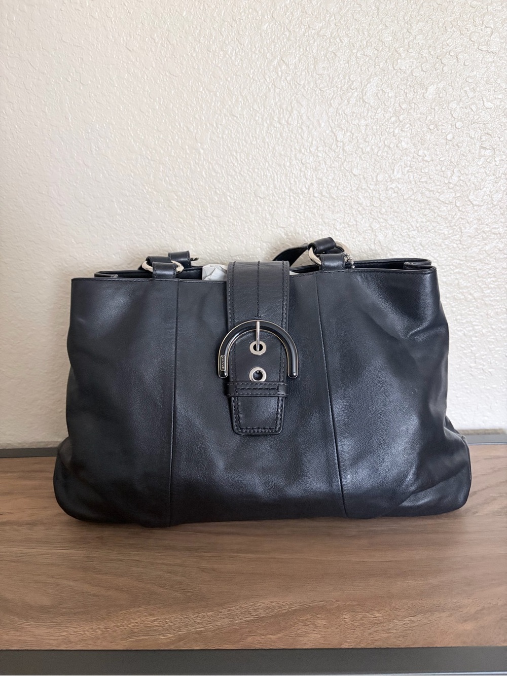 Coach Black Leather Shoulder Tote with Buckle Accent